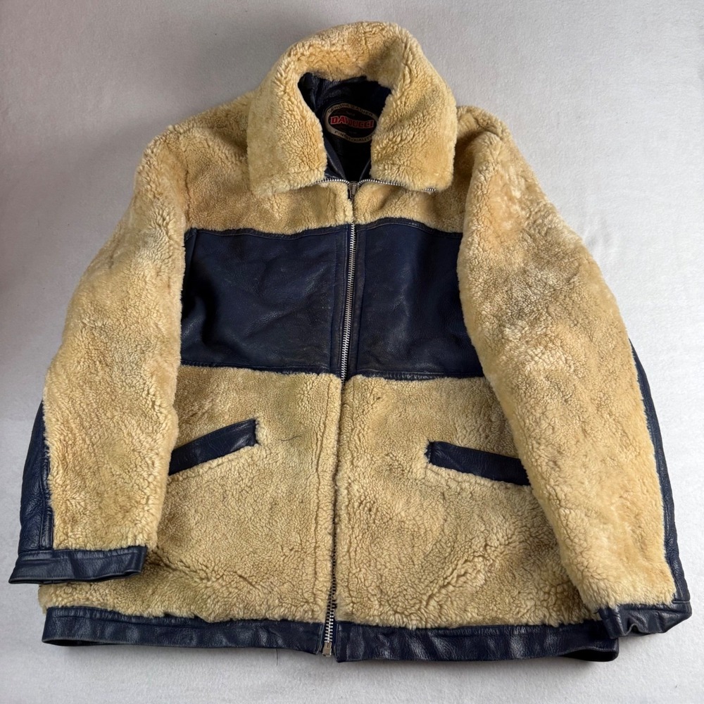 Davoucci Vintage Mens 2XL Navy Blue Leather Faux Shearling Bomber Jacket Logo